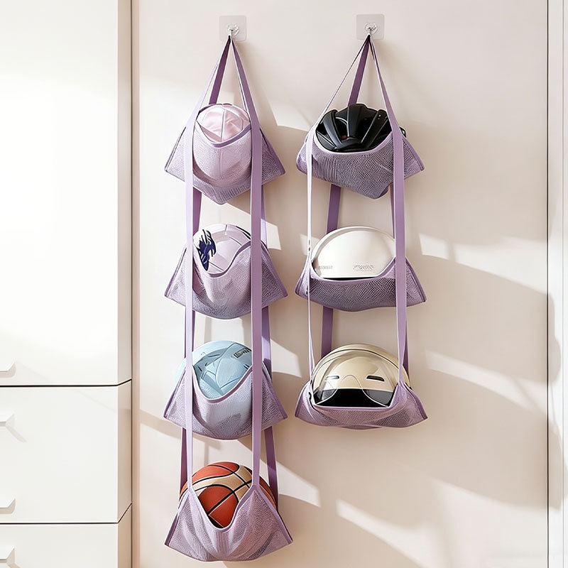 Sports Equipment For Volleyball - 3/4-stöckige Hängende Ballaufbewahrungstasche mit Haken, Netz-Sportausrüstungsorganizer